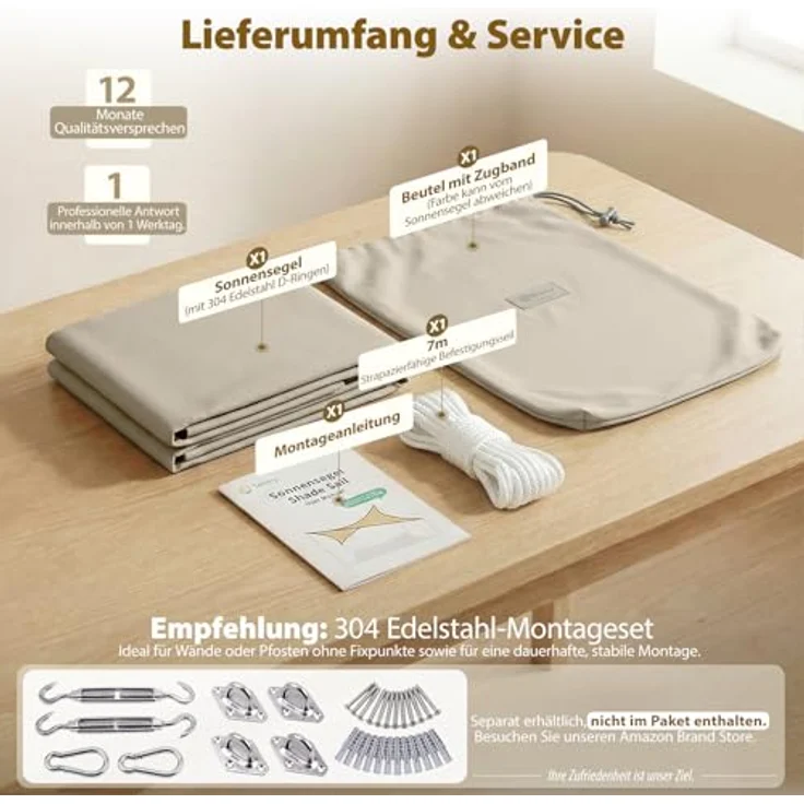 Sekey Sonnensegel Wasserdicht 3x3 m Quadratisch, Sonnenschutz hochdichtes PES 160g/m² Wetterfest & Reißfest, Nahtversiegelung (Zuverlässig Dicht) & 95% UV Schutz, für Balkon Terrasse Garten, Taupe – Bild 8