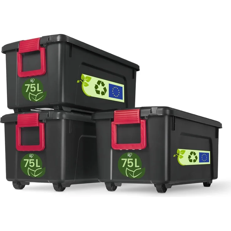 Iris Ohyama, große Kunststoff-Aufbewahrungsbox, 75 l Garagen-Aufbewahrungsbox, 3er-Set, SIA-75, schwarz, stapelbar, Verschlussklammern – B78 x T39,5 x H35 cm – Bild 1
