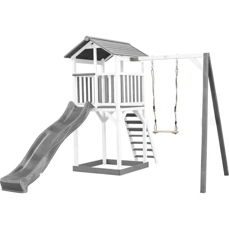 Spielturm mit Rutsche, Holzgestell mit Einzelschaukel grau
