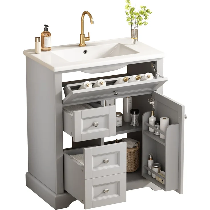 76x46x87cmBodenstehender Badezimmerschrank mit Waschbeck, Waschtisch, feuchtigkeitsbeständig lackiert, Soft-Close-Schubladenführungen, Türregale,ausklappbare Schublade,verstellbare Ablagefläche, grau – Bild 6