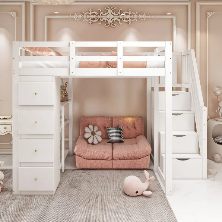 Kinder Hochbett aus Massivholz 140x200 cm mit Sicherheitsleiter, Schubladen & Regal – Stauraumbett, Jugendzimmer,weiß – Bild 2