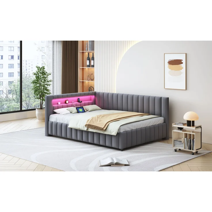 Polsterbett Schlafsofa 140x200 cm mit LED-Licht und USB-Anschluss, ohne Matratze – Bild 4