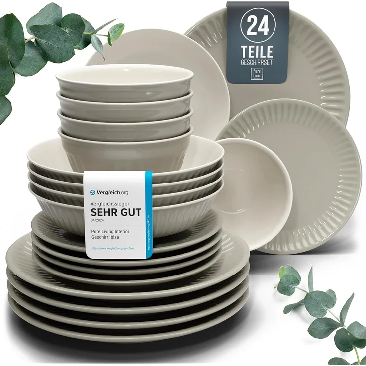 Steingut Geschirrset 6 Personen Hygge 24 tlg. TESTSIEGER, Traumhaftes Skandinavisches Steingut Geschirr Set, Schüssel- und Teller Set, Tafelservice 6 Personen, Geschirrsets Pure Living in Hellbraun