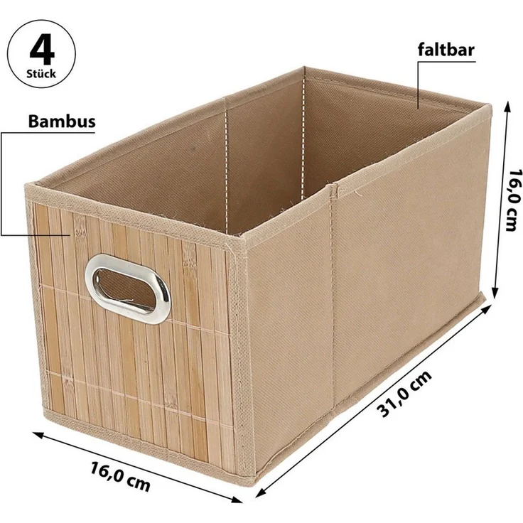 CEPEWA Allzweckkorb Aufbewahrungskorb Bambus 4er Set faltbar 31x31x31cm Metall Grifflöcher – Bild 2
