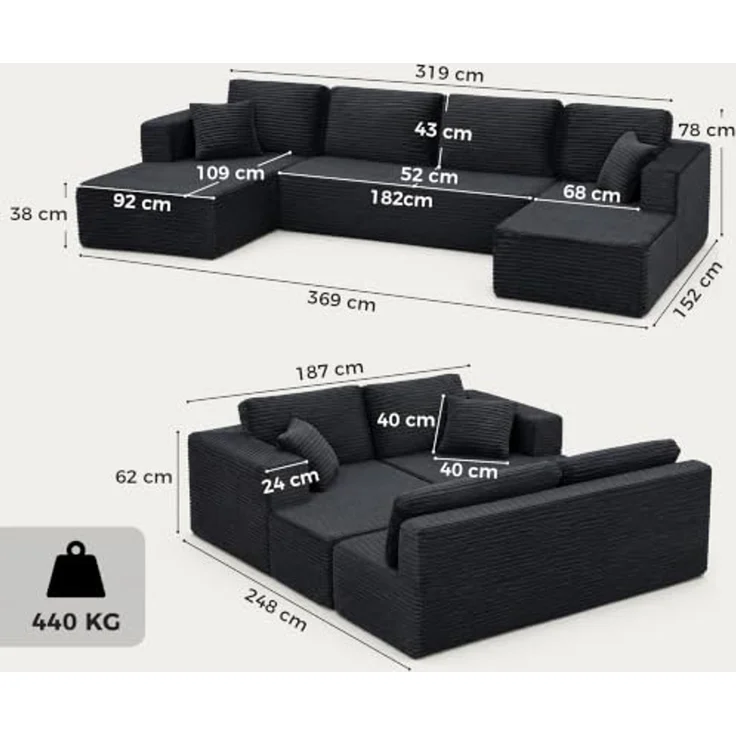 HOMCOM Ecksofa U-Form Sofa Boneless Schlafsofa mit 2 Chaiselongues, Set 3 Teile, modular, Cord, Federkern, ohne Montage – Bild 3