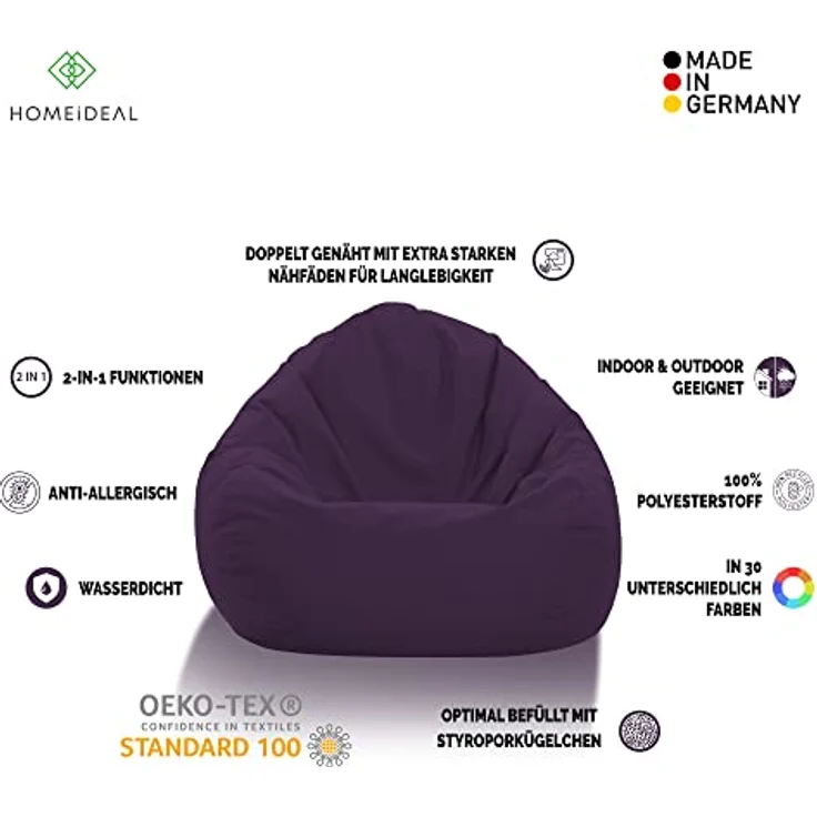 HomeIdeal - Sitzsack XXL Bodenkissen für Erwachsene & Kinder - Geeignet für Gaming oder Entspannen - Indoor wie Outdoor da er Wasserfest ist - mit EPS Perlen, Farbe:Lila, Größe:XXL – Bild 4