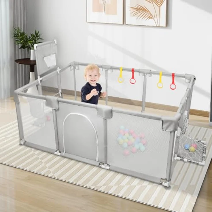 Laufgitter für Kinder mit Saugnäpfen, Verbesserte Version 2025 Babygehege 300D Oxford-Gewebe, Aktivitätszentrum für Kinder, einfach zu montieren und zu reinigen - 180 x 120 x 66 cm - Hellgrau – Bild 8