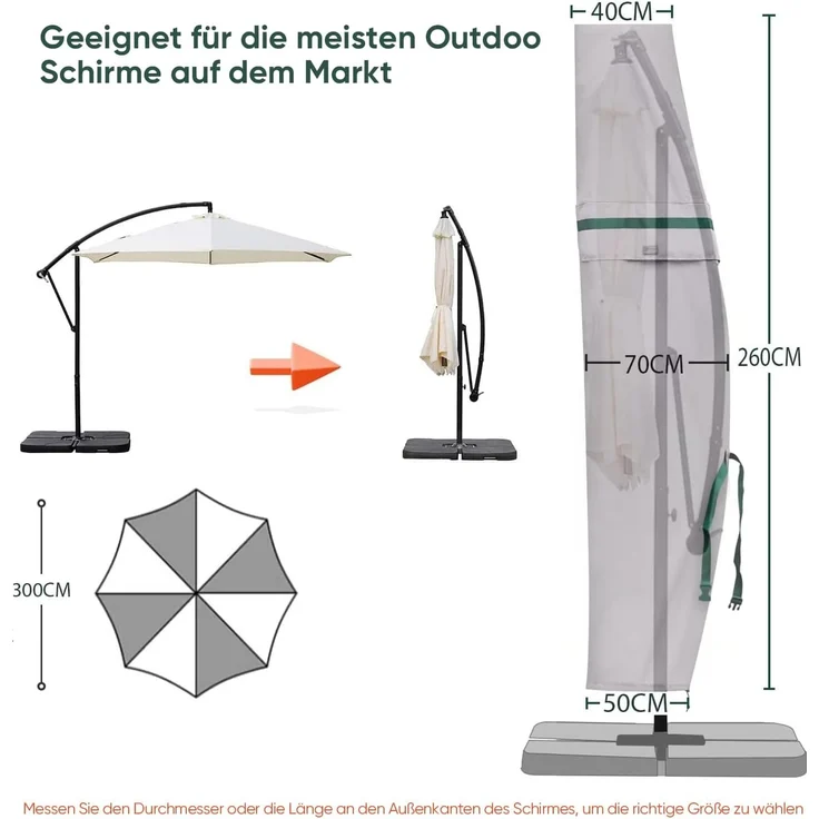 Sekey Ampelschirm / Sonnenschirm Schutzhülle mit Stab, Abdeckhauben für Gartenschirm mit Belüftungsöffnungen, Abdeckung für Kurbelschirm / Balkonschirm, 100% Polyester, wasserdicht, Hellgrau – Bild 2