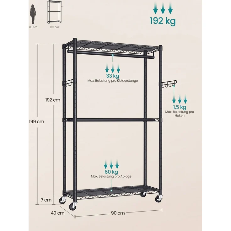SONGMICS Mobiler Kleiderständer, Verstellbare Kleiderstange aus Metall, Offener Kleiderschrank, 90 x 40 x 199 cm, Schwarz – Bild 5