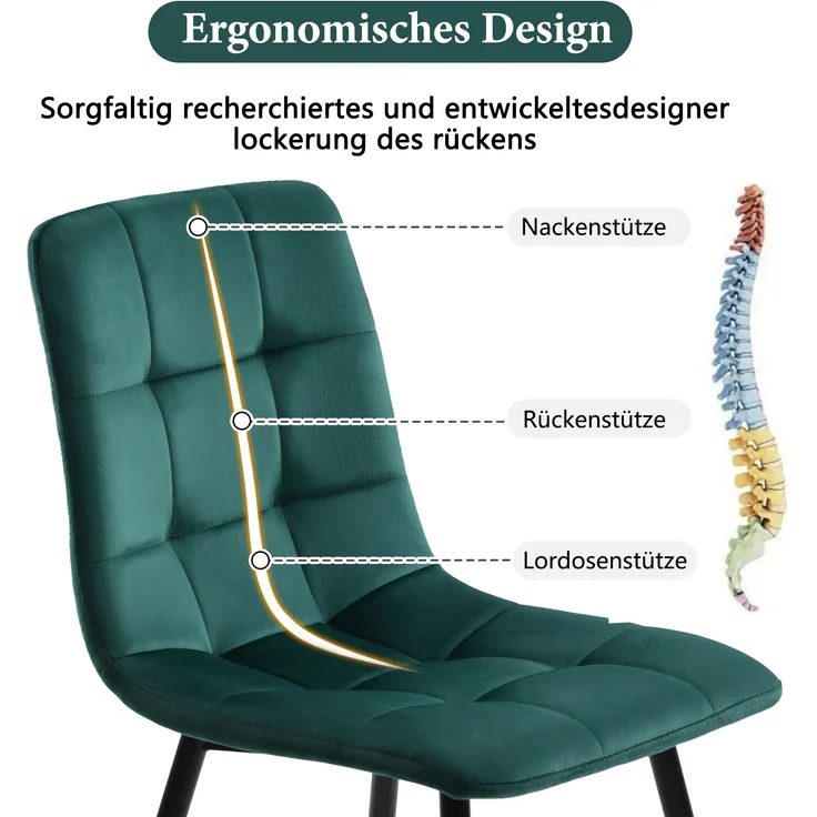 Essgruppe 5-tlg, Esstisch 140x80x75 cm Grau Marmor & 4 dunkelgrüne Samtstühle – Bild 8