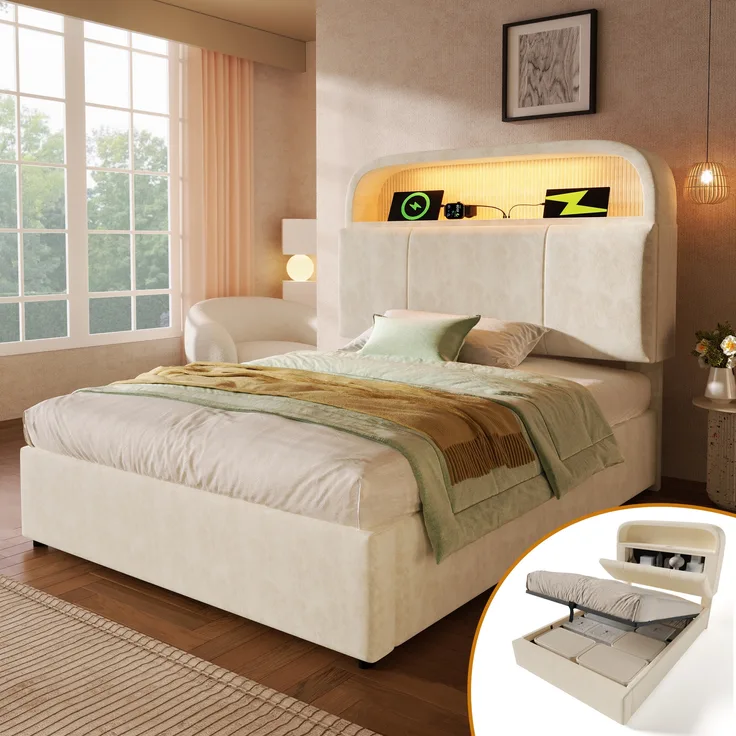 Polsterbett Einzelbett, höhenverstellbares Stauraum-Kopfteil Hydraulisches Bett LED-Beleuchtung USB Type-C Ladestation inkl. Lattenrost ohne Matratze, Samt, Beiger, 90×200