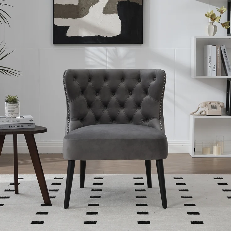 LVHOM Polsterstuhl aus Samt, Esszimmerstühle mit Knopfheftung, ohne Armlehnen, Massivholz Beine, Für Wohnzimmer, Büro & Schlafzimmer, Grau – Bild 9