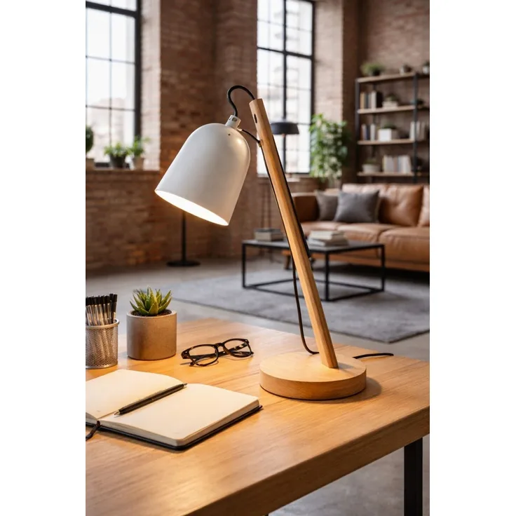 EDGAR Moderne Tischlampe mit Holzdesign und flexiblem Arm Weiß ED025