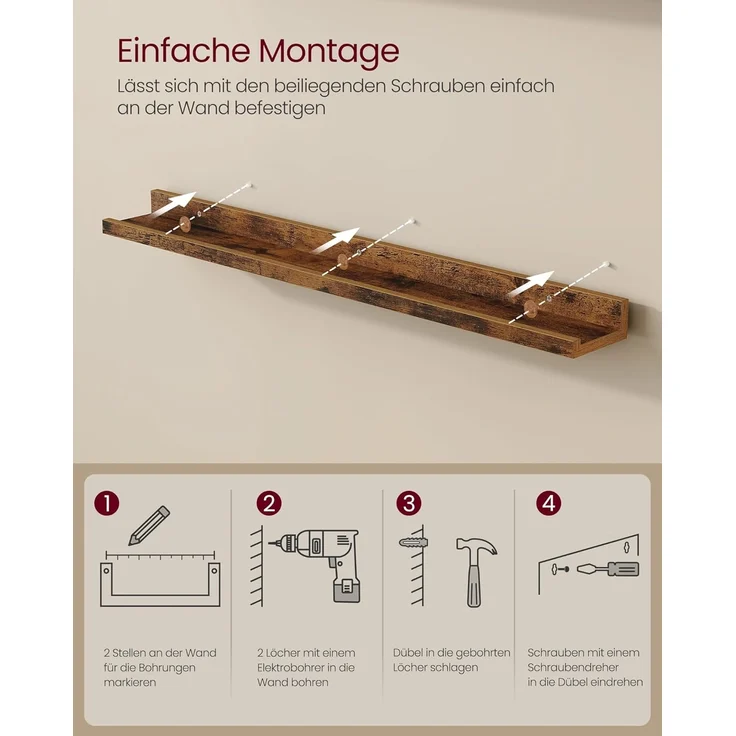 VASAGLE Wandregale, 2er Set, Schweberegale, Breite 80 cm, erhöhte Vorderkante, für Bilderrahmen, Dekoartikel, Gewürzgläser, für Küche, Wohnzimmer, vintagebraun – Bild 5