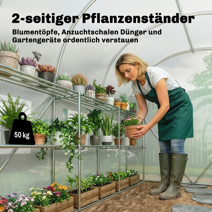 MELAYR, Gewächshaus ca. 2.7 x 2 x 2 m Foliengewächshaus mit Regalen Rollbar Reißverschlusstür 6 Netzfenster, Weiß – Bild 6