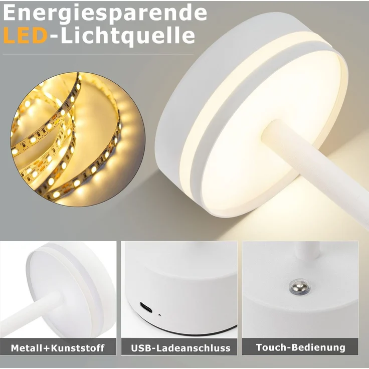 ZMH Tischlampe Kabellos LED Tischleuchte Akku - Nachttischlampe Dimmbare mit USB-C Aufladbar Batterie Touch- Lampe Weiß Tischlampen -für Schlafzimmer Esszimmer Büro-2ER – Bild 4