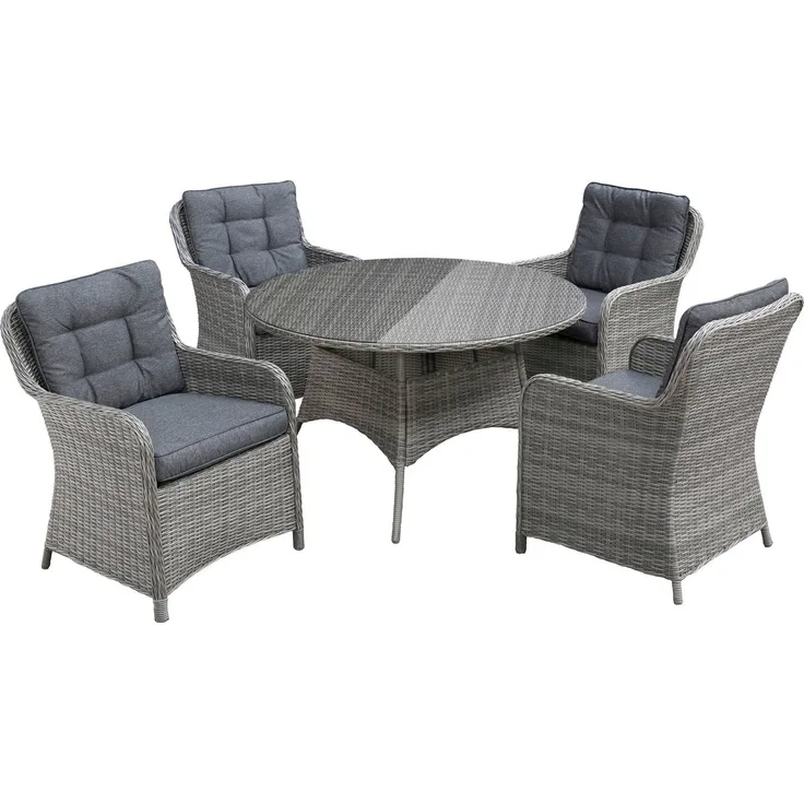 KONIFERA Garten-Essgruppe Menorca, (Set, 13-tlg, 4x Sessel, 1x Tisch ØxH: 120x75cm, inkl. Auflagen), Polyrattan, Aluminium, Tischplatte aus 5mm starkem Sicherheitsglas