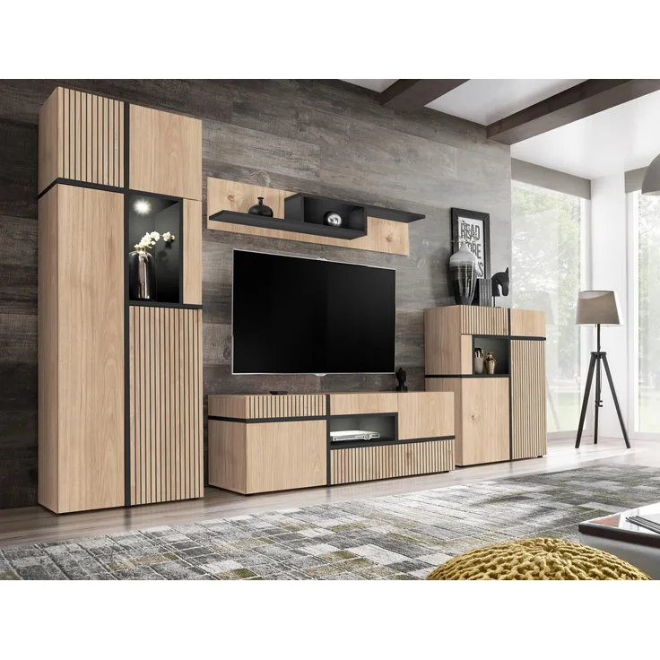 Wohnwand Cross mit Streifenaufdrück und LED Beleuchtung in Hickory Jackson 330 x 195 cm 4-teilig