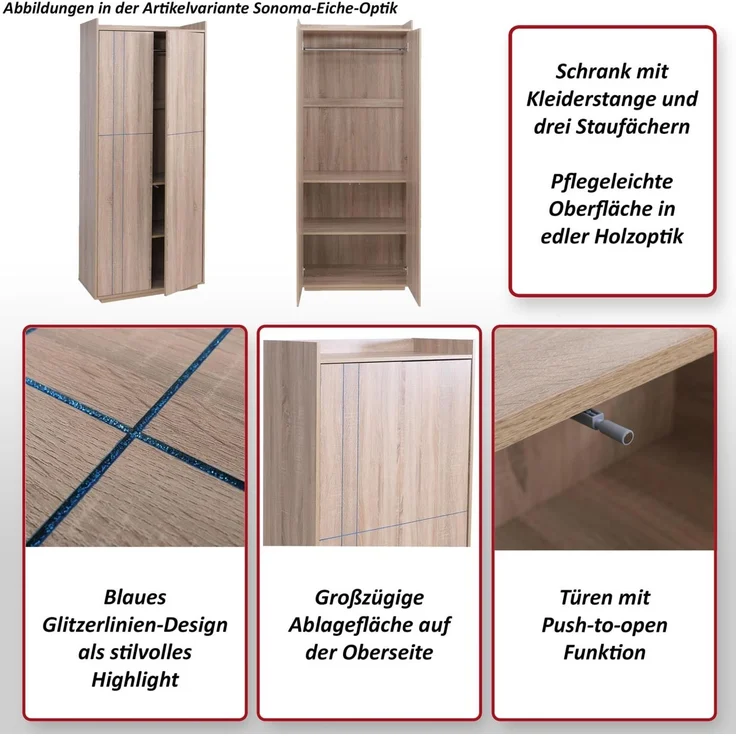 Schrank HWC-P44, Kleiderschrank Garderobenschrank 2 Türen Push-to-open, MDF 184x80x40cm ~ Sonoma-Eiche-Optik – Bild 2