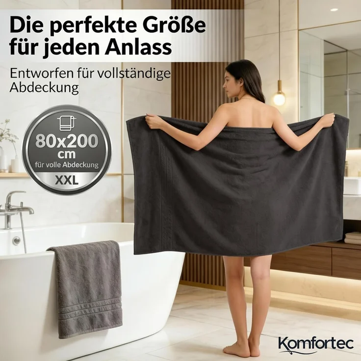 Komfortec 2er Saunatuch Set 80x200 cm aus 100% Baumwolle, XXL-Saunatücher, Sauna Handtuch, Weich, Groß, Frottee, Schnelltrocknend, Anthrazit Grau/Schwarz – Bild 1