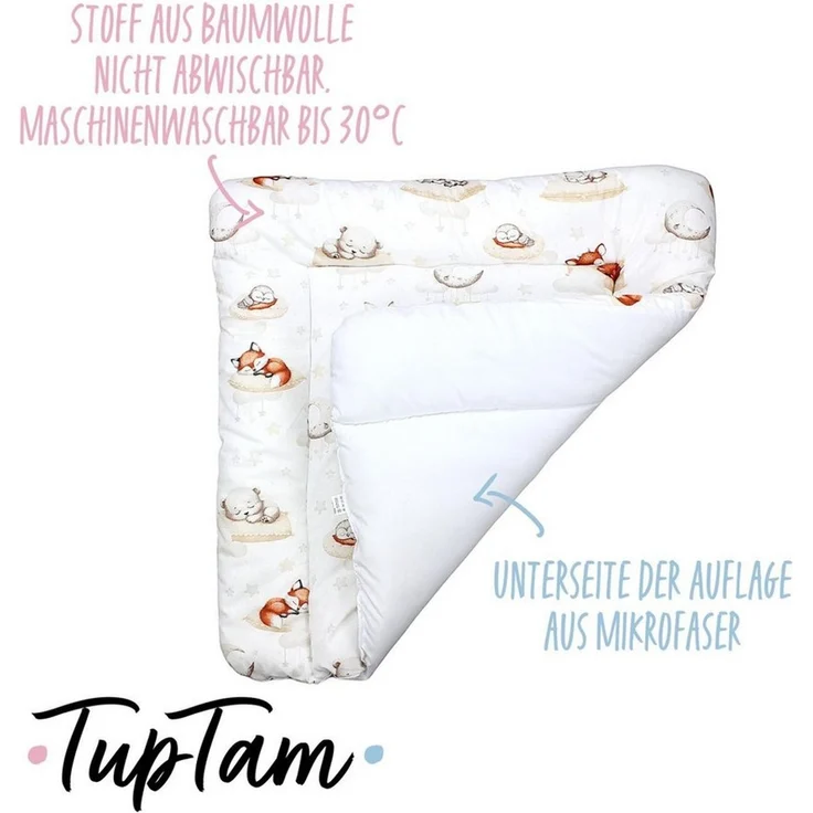 TupTam Baby Wickeltischauflage mit Baumwollbezug Gemustert, Farbe: Schlafende Baby Tiere/Beige, Größe: 70x50 cm – Bild 3