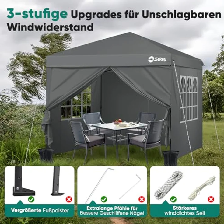 Sekey Pavillon 3x3 mit 4 Seitenteile, Faltpavillon Wasserdicht Stabil Winterfest, Pop Up Pavillon Faltbar für Camping, Festival, Events, Picknicks, Partyzelt Gartenzelt mit 4 Sandsäcke, Grau – Bild 5