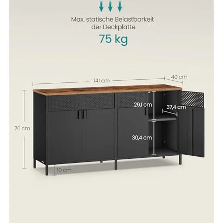 SONGMICS Aufbewahrungsschrank, Metallschrank, mit 4 Türen, Magnetverschluss, Verstellbarer Einlegeboden, Stahlgestell, 40 x 141 x 76 cm, tintenschwarz-vintagebraun LSC205BD01 – Bild 4
