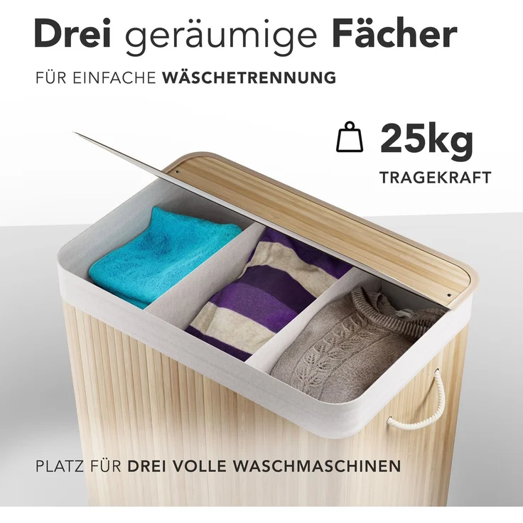 Bambus Wäschekorb 3 Fächer, 150L Wäschesammler mit Deckel & herausnehmbarem Sack – Bild 3