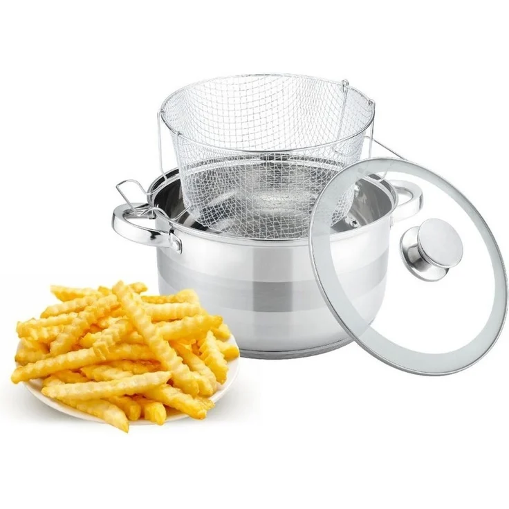 Frittiertopf Fritteuse Pommes Topf + Frittierkorb + Glasdeckel Cheffinger SS04
