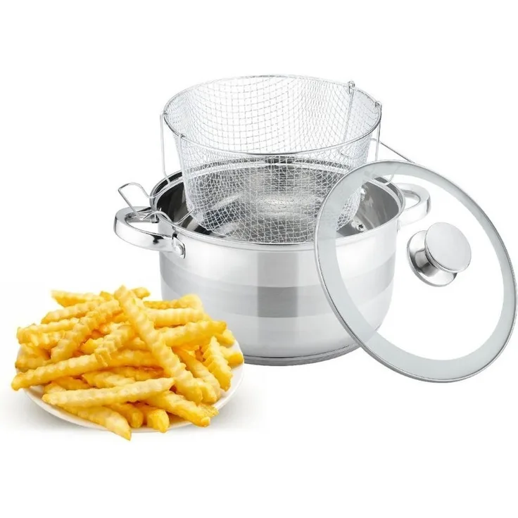 Frittiertopf Fritteuse Pommes Topf + Frittierkorb + Glasdeckel Cheffinger SS04