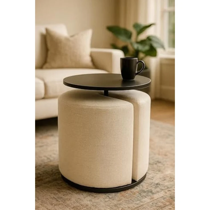 Kare Design Beistelltisch mit Hocker, Better Together (2-teilig), Creme/Schwarz, 46cm Durchmesser, Ablage Wohnzimmertisch, inklusive Hocker, Stahlgestell, Rund – Bild 2