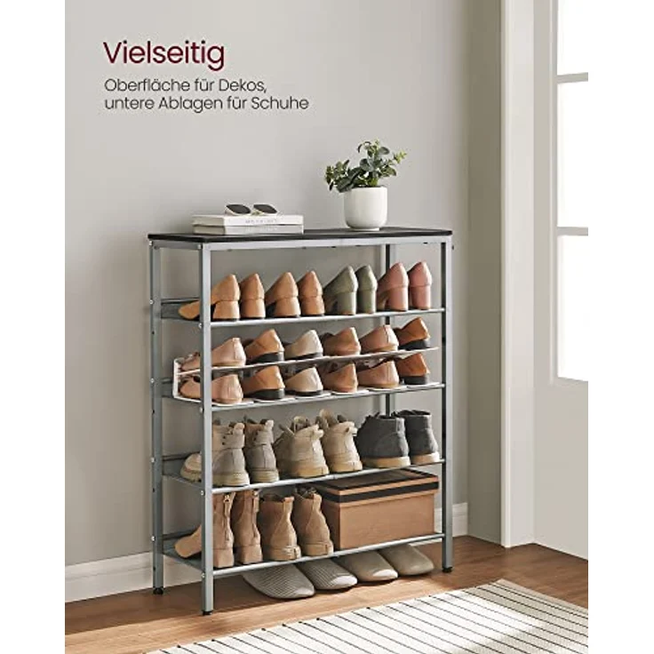 VASAGLE Schuhregal, Schuhablage, 5 Ebenen, große Oberfläche, verstellbare Gitterablagen, platzsparend für Eingangsbereich Flur, Metall, Industrie-Stil, anthrazitgrau-metallisches Silber LBS038E22 – Bild 5