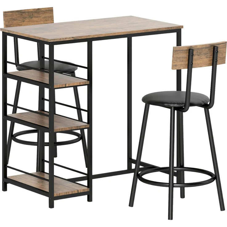 Bartisch-Set 90x50x90,5 cm in Eiche mit Stahlgestell, 2 gepolsterten Barhockern und 3 Ablagen – Bild 6