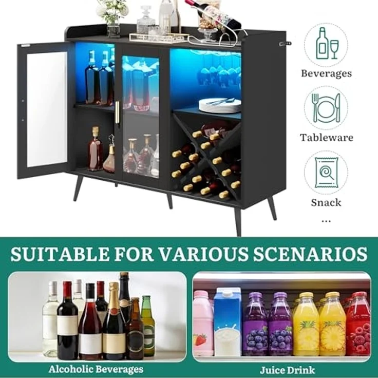 YITAHOME Barschrank mit verstellbaren LED-Lichtern, Kaffeebar mit Weinregal & Haken & Acryl-Türschrank, Küche Buffet Sideboard für Home Bar/Esszimmer/Wohnzimmer, Schwarz – Bild 5