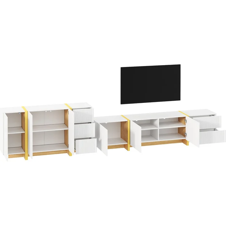 TV Lowboard Sideboard Set Wohnzimmermöbel Rillenfront Stauraumschrank Medienkonsole Schrankkombination aus PB und MDF--Weiß--190x35x45cm--YOUDENOVA – Bild 7