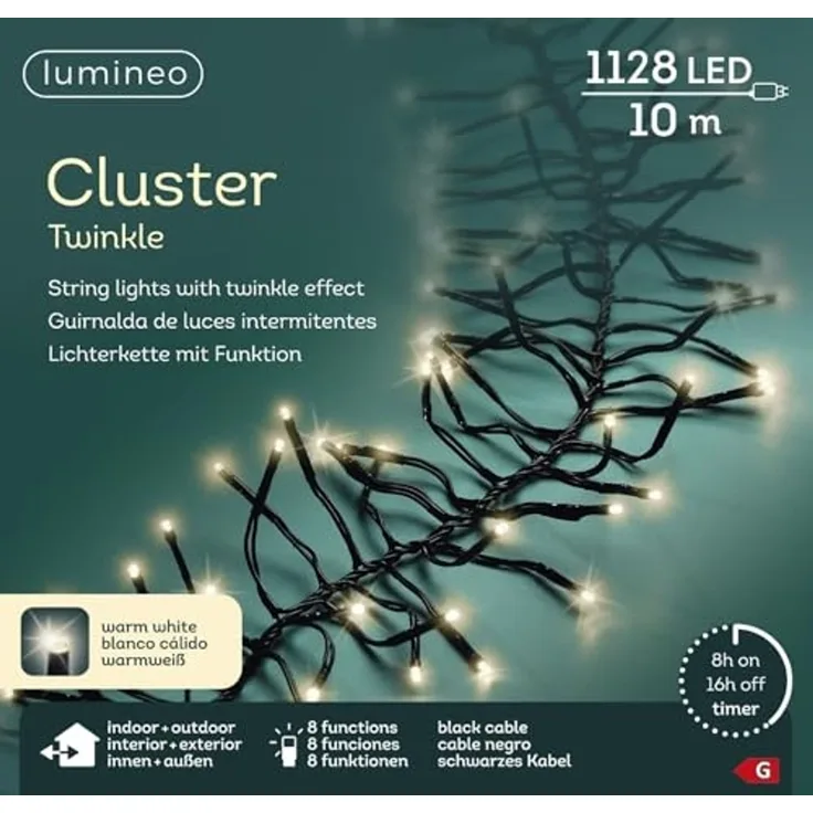 Lumineo LED-Lichterkette Lumineo Lichterkette CLUSTER TWINKLE 1128 LED 10,5m warm weiß, schwarz, Indoor/Outdoor, 8 Effekte, 8h-Timer, + 5 Meter Zuleitung