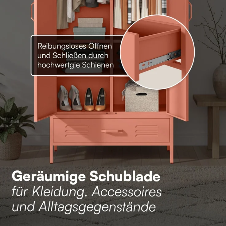 skølm 'Atria' Kleiderschrank mit Schublade, Metall, 170x45x80 cm, terrakotta, Garderobe mit 4 Fächern und 2 Kleiderstangen – Bild 5