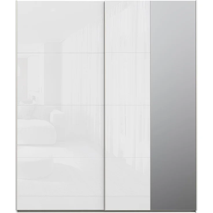 Forte FITTIO Kleiderschrank 200, moderner Schwebetürenschrank, 2-türig, Kleiderstange, Einlegeböden, Spiegel, Schlafzimmer, Holzwerkstoff, Weiß Hochglanz, 200,1 cm breit x 235 cm hoch x 61,2 cm tief – Bild 3