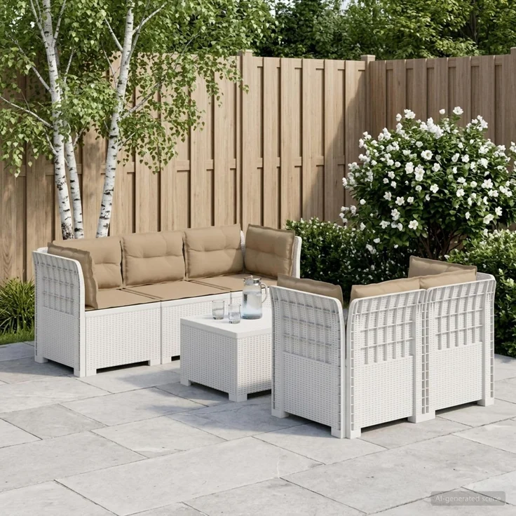 vidaXL 5-Sitzer Gartensofa mit Kissen Rattan-Look PP Weiß 3443916 – Bild 1