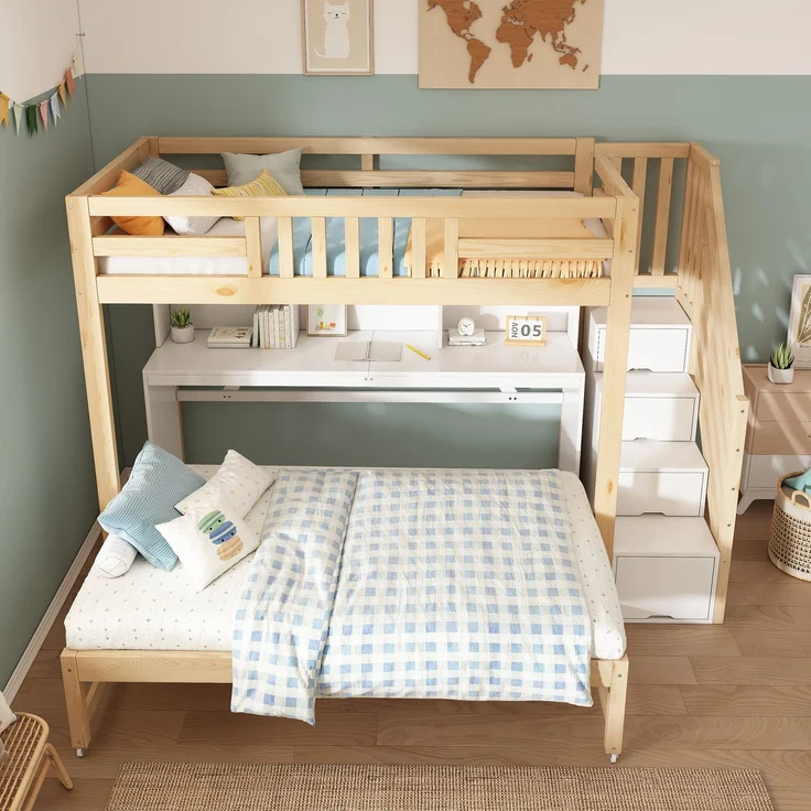 Hochbett Liegefläche 90/200 + 90/190 cm mit Ausziehbett, Schreibtisch, Regal, Weiß/Eiche, ohne Matratze – Bild 3