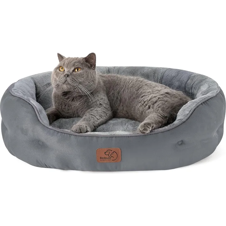 BEDSURE Katzenbett waschbar Katzen Bettchen - 63 x 53 x 20 cm Katzen Bett grau mit zweiseitig Innenkissen Katzenschlafplatz für Katzen oder kleine Hunde