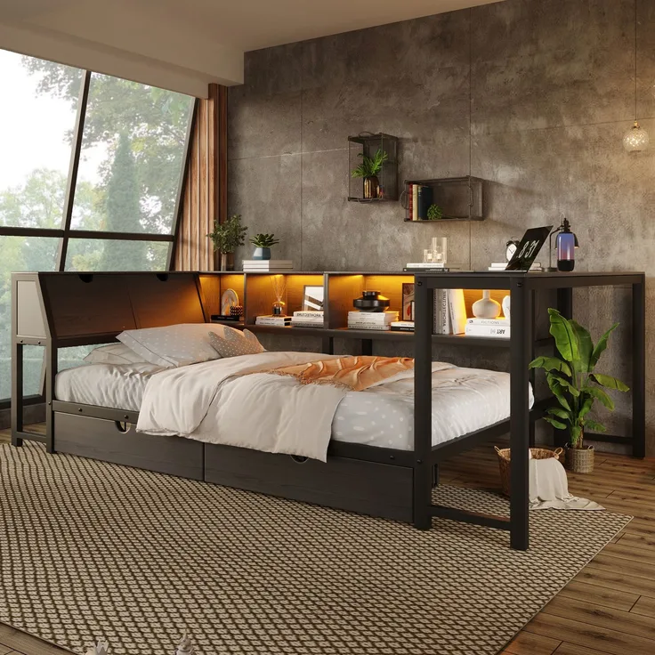 U-life Metallbett 90x200 cm, für Jugendliche, LED-Beleuchtung, Schreibtisch & Schubladen, Multifunktionales bett, MDF, Schwarz