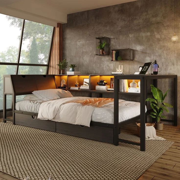 U-life Metallbett 90x200 cm, für Jugendliche, LED-Beleuchtung, Schreibtisch & Schubladen, Multifunktionales bett, MDF, Schwarz – Bild 1
