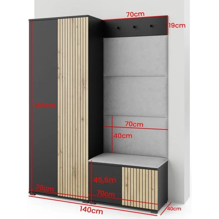 Garderoben-Set Rosario Version 1 mit Lamellen, Kleiderschrank mit Polsterplatten und Schuhschrank (Schwarz / Eiche Artisan, Trinity 15), 185 x 40 x 140 cm – Bild 2
