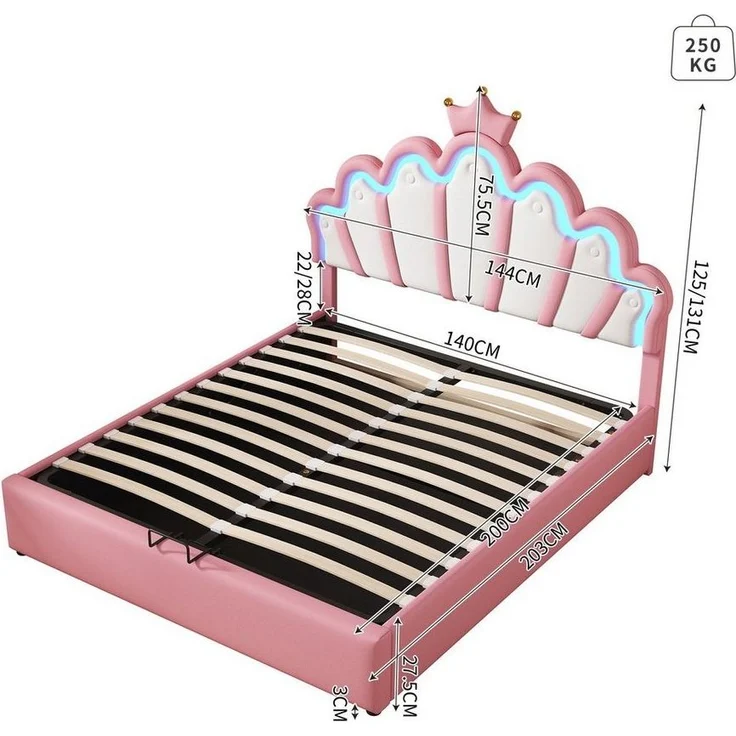 Flieks Polsterbett, LED Kinderbett Doppelbett mit krone-Form Prinzessinnenbett 140x200cm – Bild 1