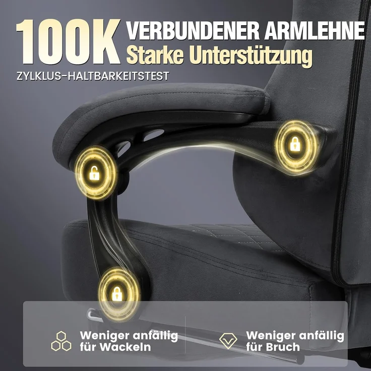 GTPLAYER Gaming Stuhl Stoff Gaming Chair Ergonomisch Bürostuh PC Stuhl, 150kg Belastbarkeit, Verstellbarer und Drehbarer Schreibtischstuh mit Federsitzkissen und Fußstütze, GRAU – Bild 3