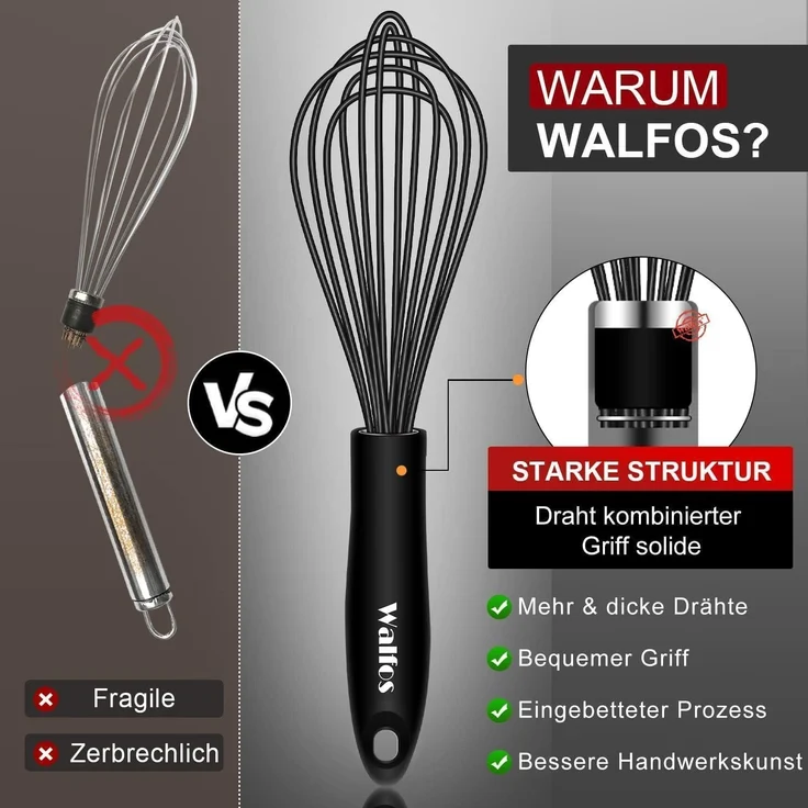Walfos 21.5cm Silikon Edelstahl Schneebesen Schwarz Rührbesen Ballonschneebesen – Bild 2