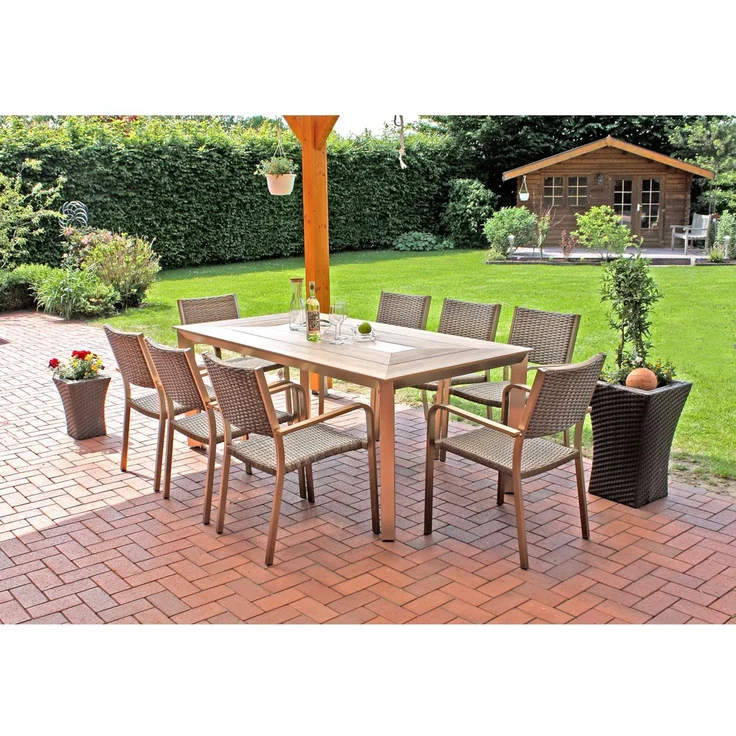 Garten-Sitzgruppe ARMIN 7tlg. - Kunststoffgeflecht, Braun | Gartenmöbel-Set Gartengarnitur Garten-Essgruppe mit geschlossenen Stapelstühlen und Esstisch – Bild 2