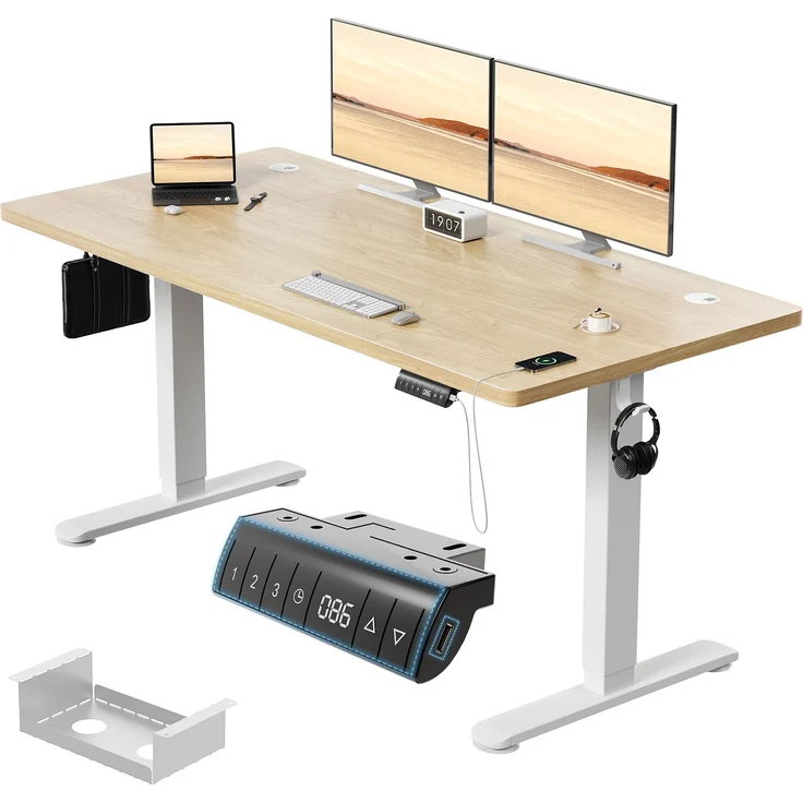 Elektrisch höhenverstellbarer Schreibtisch, Memory-Funktion, USB-Anschluss, Kabelmanagement, Holzwerkstoff / Metall, Beige, 160 x 80 cm, Höhe 72-118 cm – Bild 2