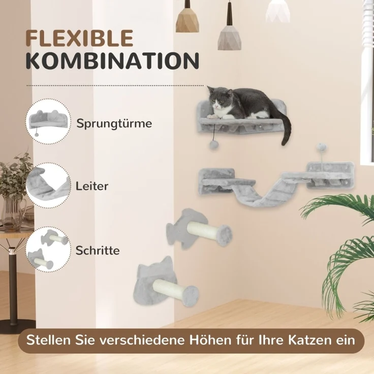 JARDJ Katzentreppen-Set, 4-teilig, Kratzmöbel mit Sisal-Stufen, doppelter Plattform, Hellgrau/Cremeweiß – Bild 5